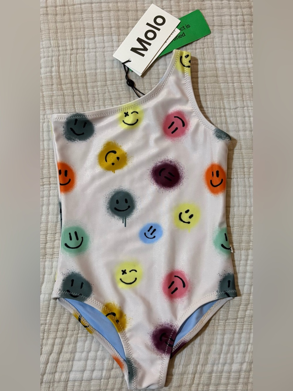 Molo White One-Shoulder Swimsuit with Multicolor Smile Dots